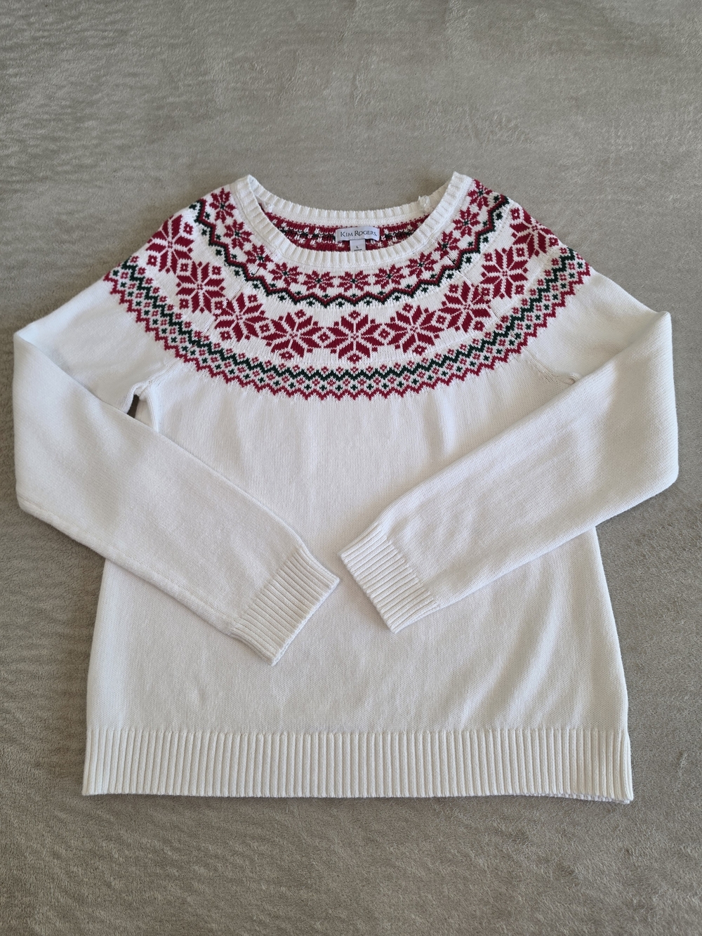 Kim Rogers Cream Crewneck Sweater with Red and Green Fair Isle Yoke